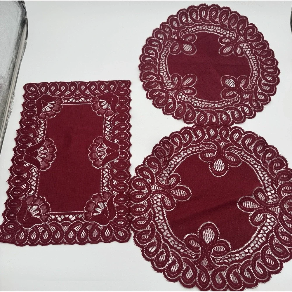 Vintage Red Lace Doilies & Placemat Set 3 Scalloped Floral Table Decor